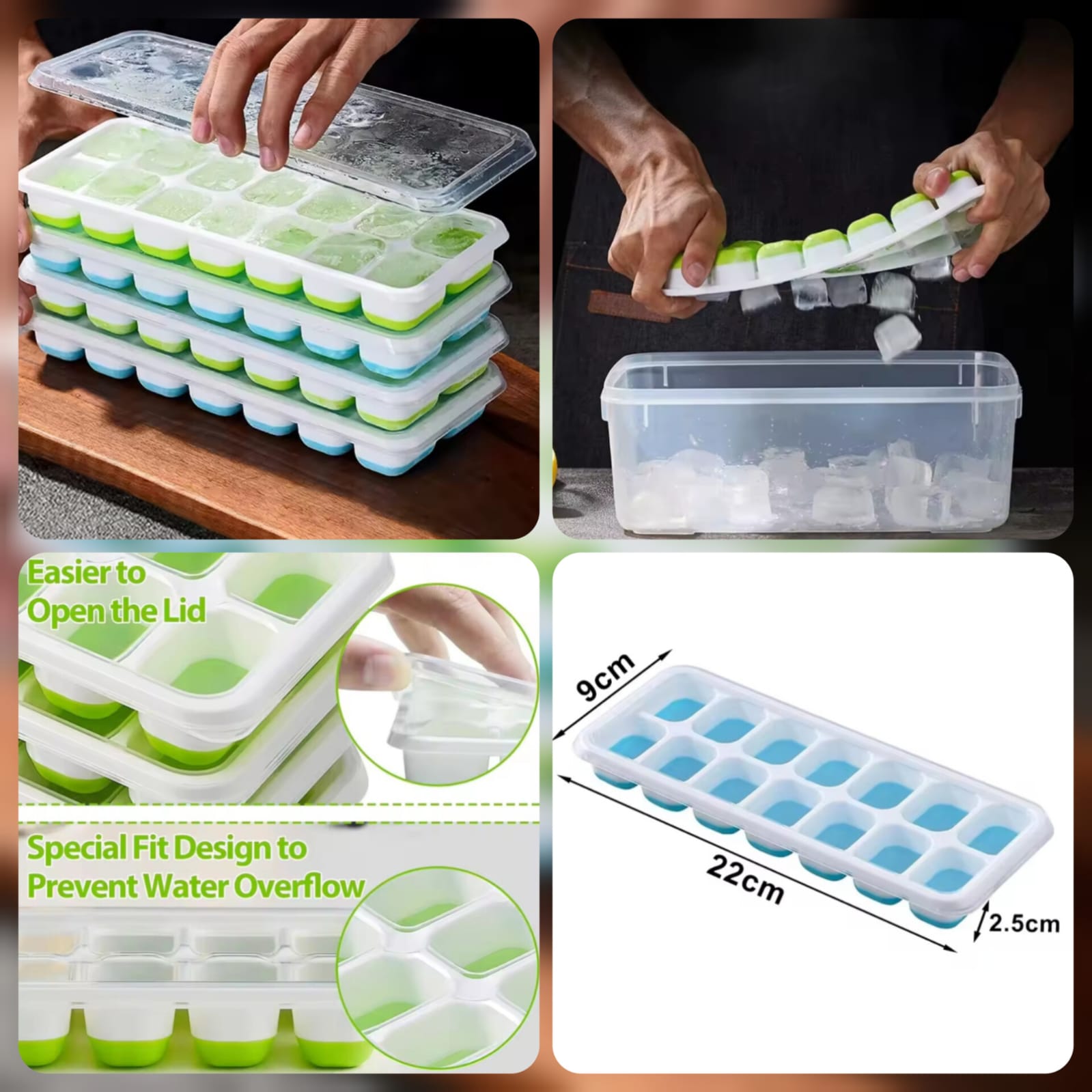 14 Grid Silicone Ice Cube Tray with Removable Lid - Flexible Easy-Release Ice Mold