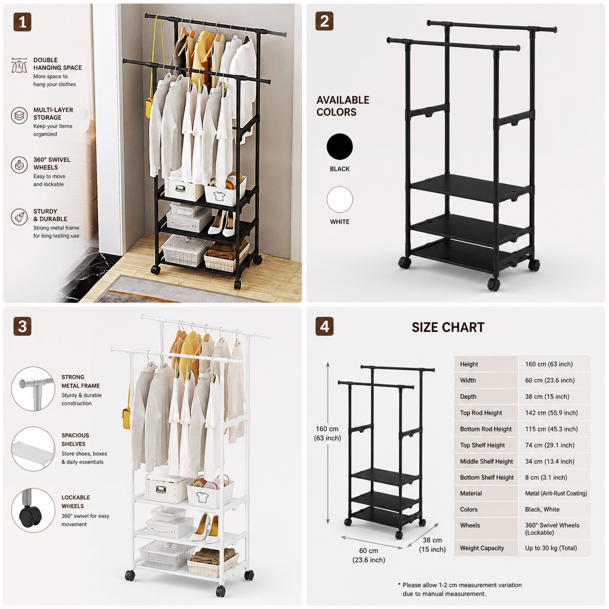Double Pole Clothes Hanger & Coat Rack with 3-Layer Storage Shelf