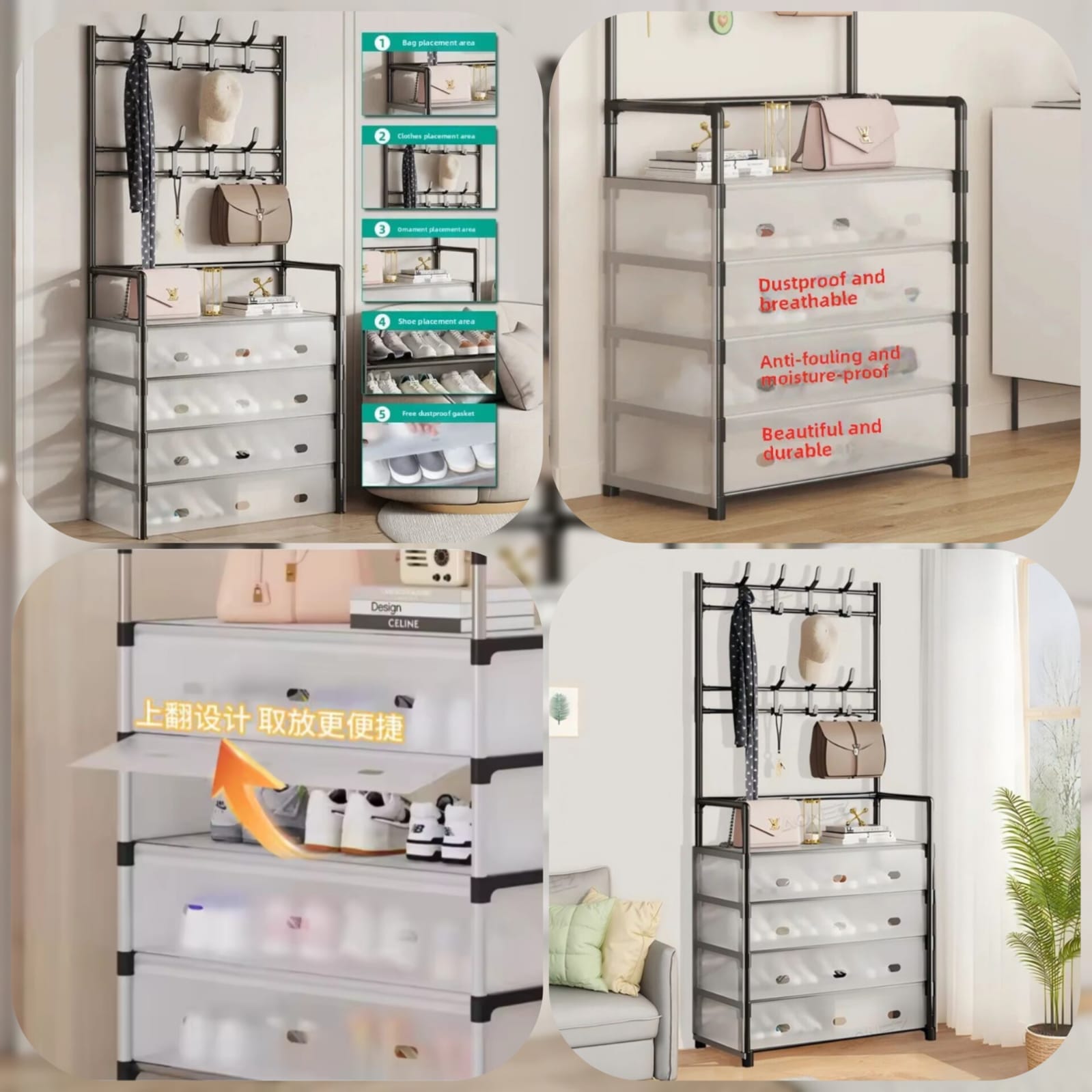 3-in-1 Attachable Coat Hanger with Shoe Rack & Hat Organizer Stand