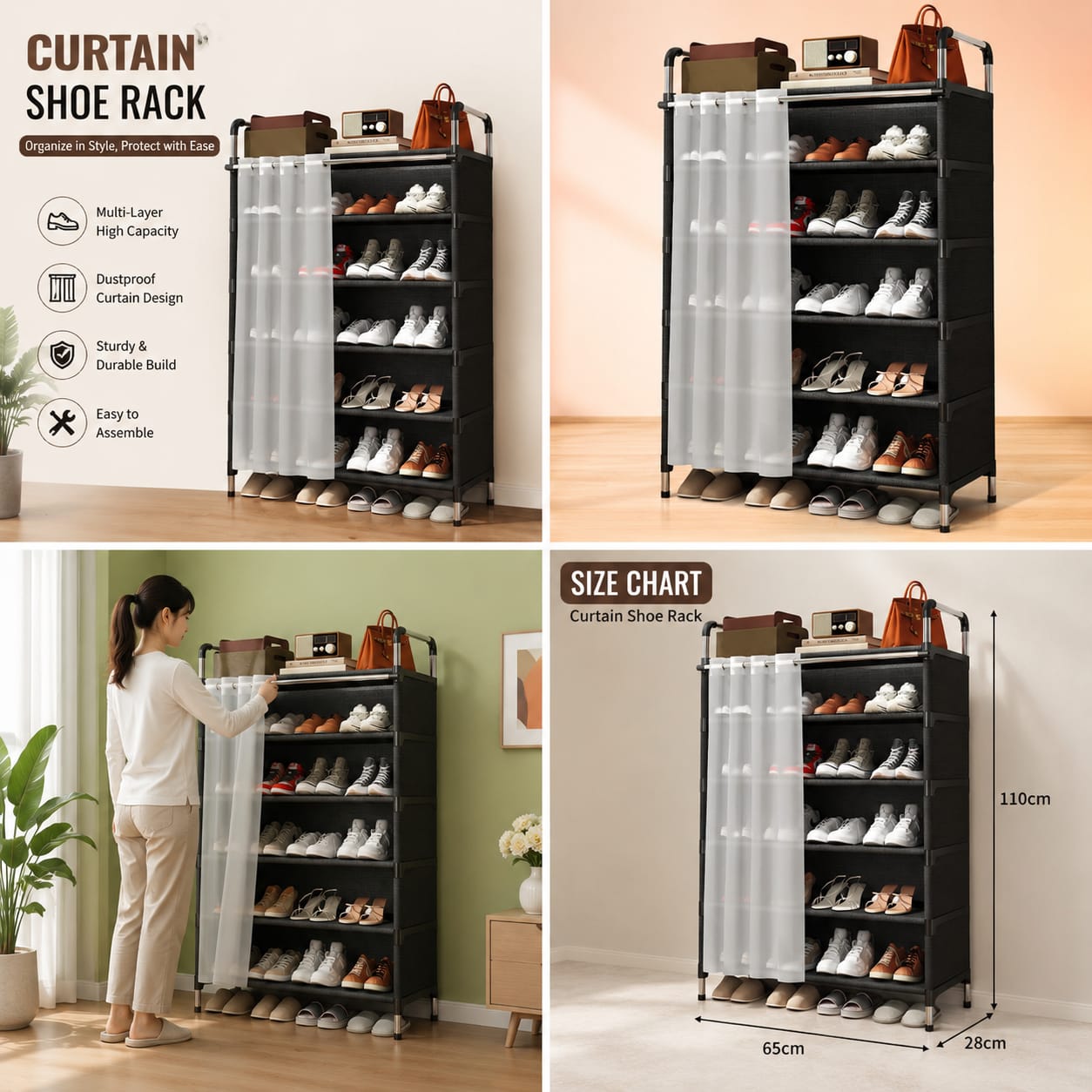 6 Layer Dustproof Curtain Shoe Rack Organizer - Space Saving
