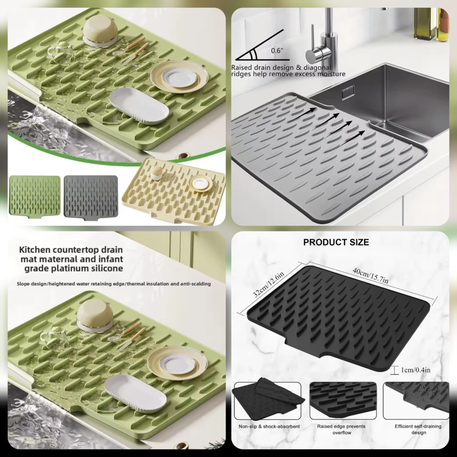 Premium Silicone Anti-Slip Kitchen Drain Mat - Dish Drying & Countertop Protector