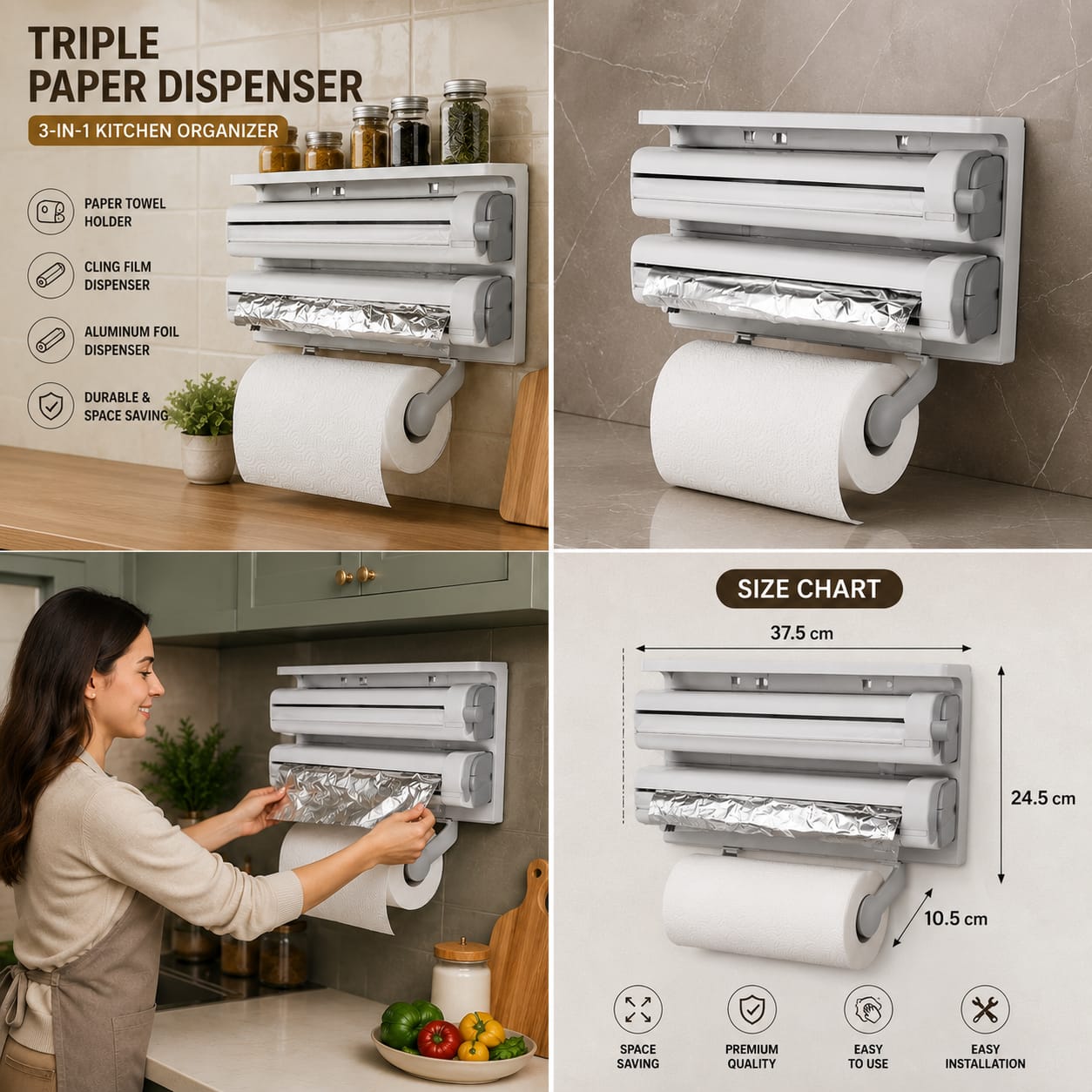 Triple Paper Dispenser for Kitchen & Home | Wall Mount Foil & Cling Film Cutter