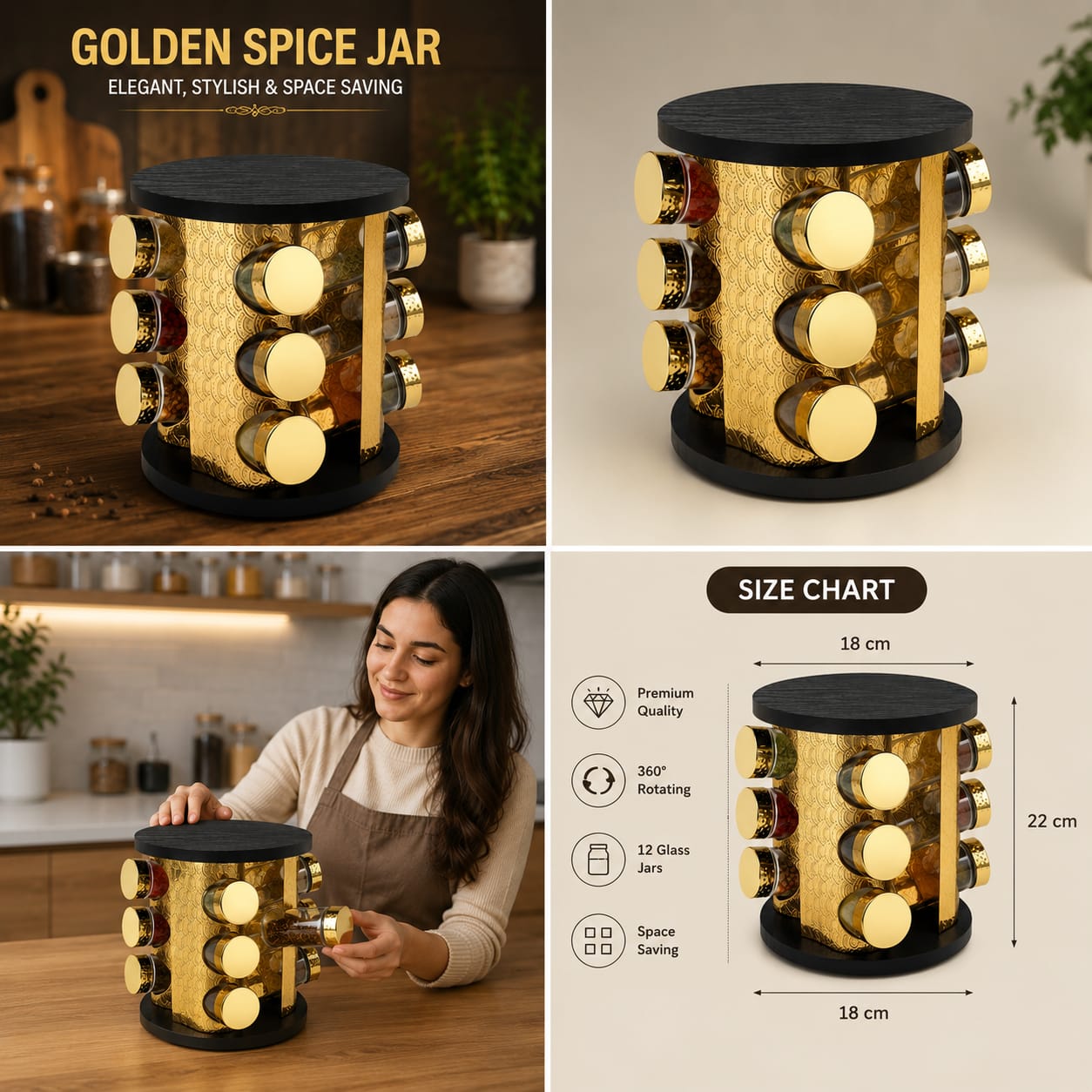 Premium Golden Spice Jar Set with Tray - Luxury Kitchen Masala Organizer