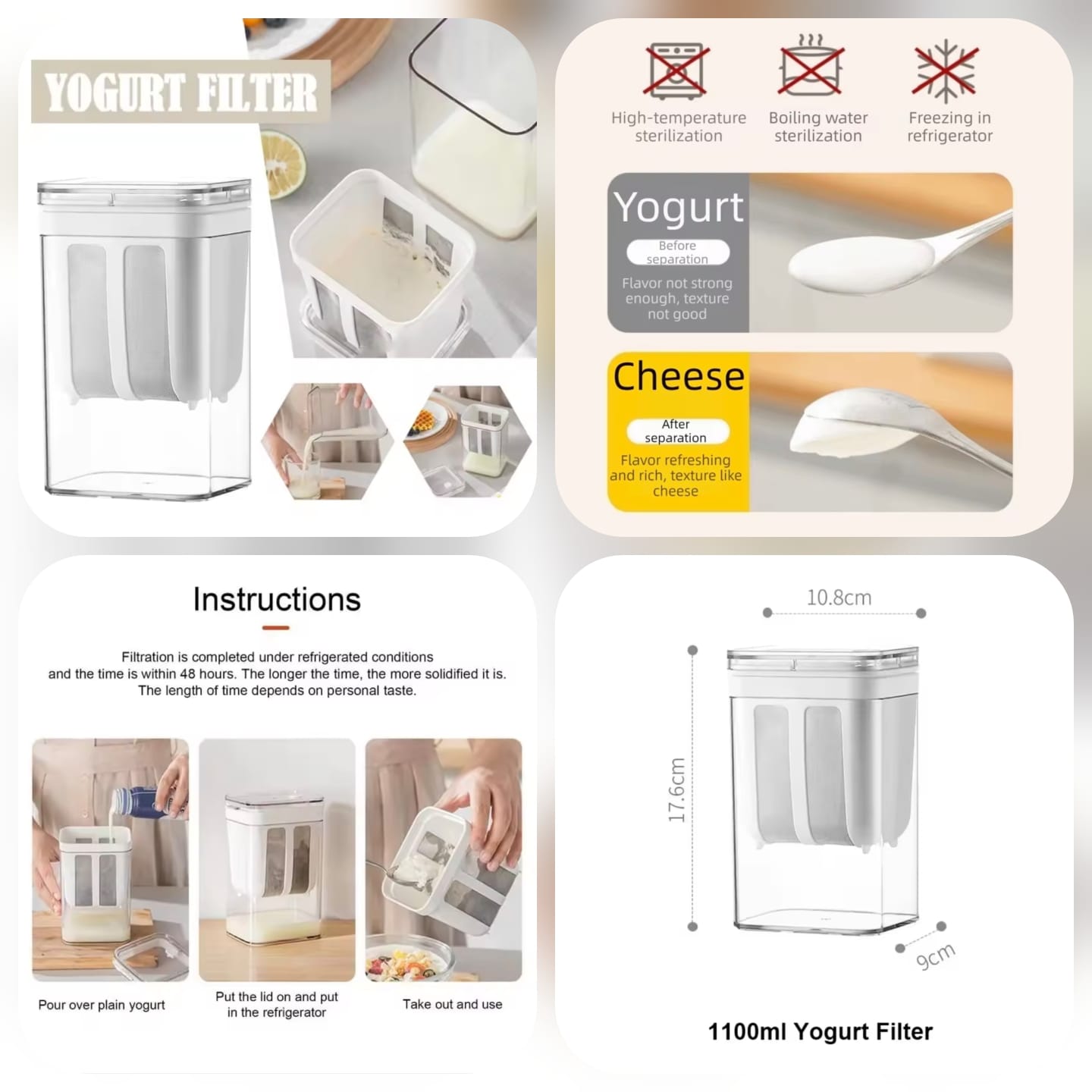 1100ML Greek Yogurt Filter Strainer - Fine Mesh Dahi Whey Separator