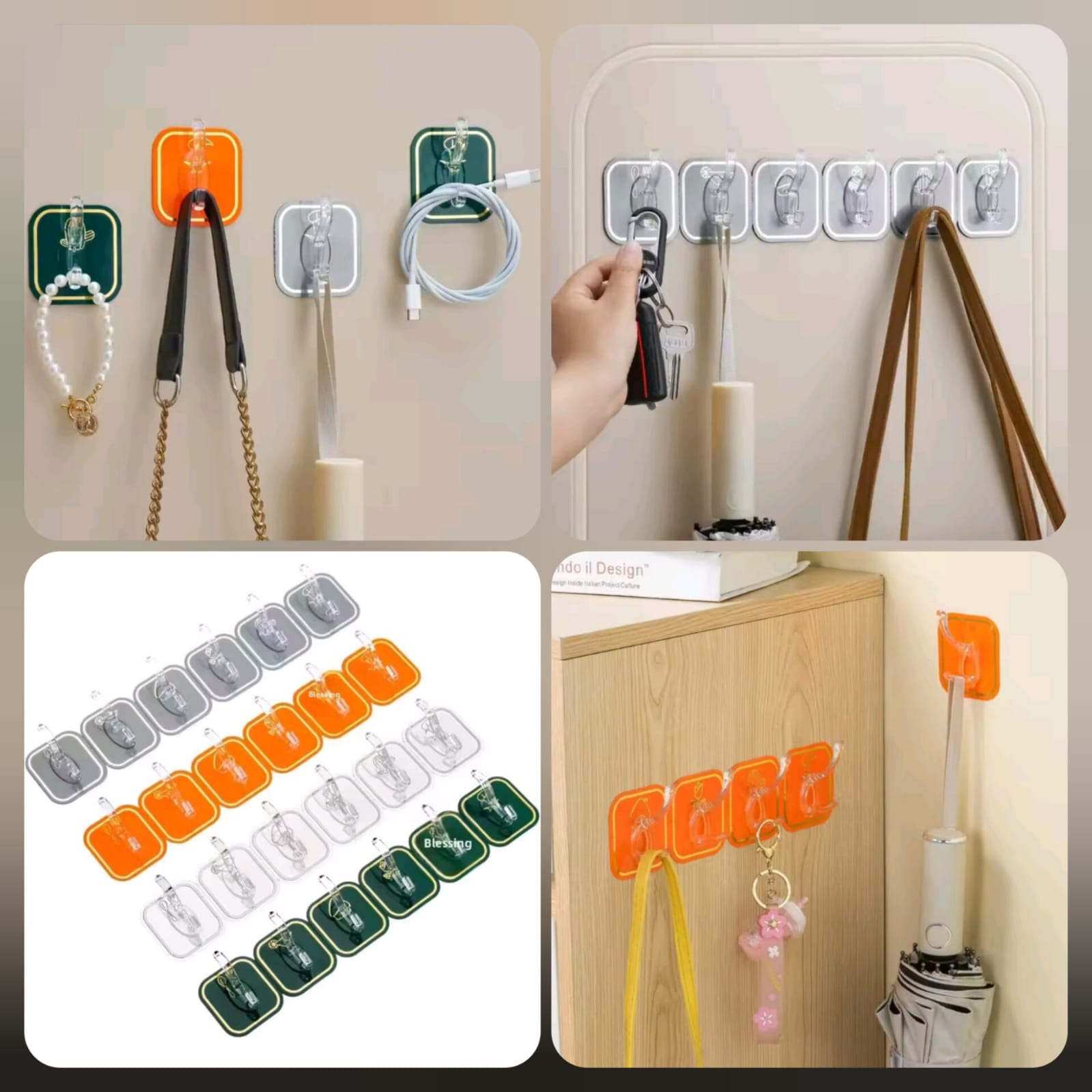 Modern Self-Adhesive 6 Hook Stripe Rack for Kitchen & Bathroom - Drill-Free Organizer
