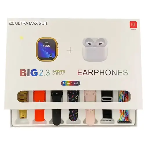 i20 Ultra 3 Max Suit (10-in-1 Set) - Budget Smartwatch & Wireless Earphone Bundle