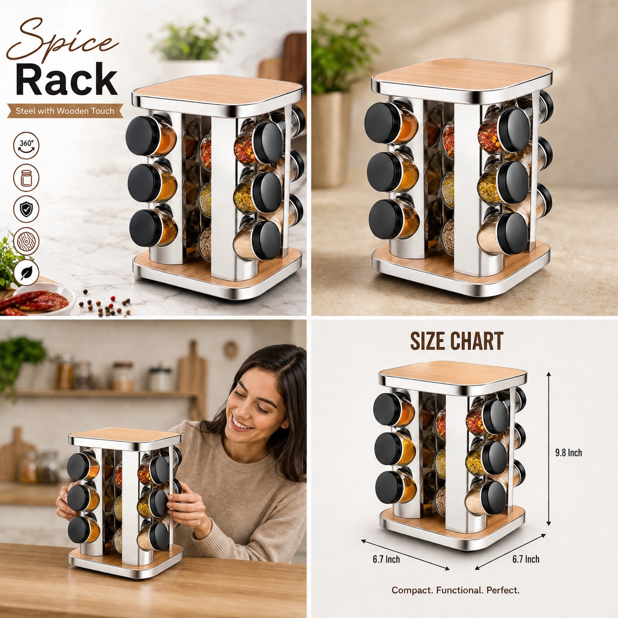 Wooden Stainless Steel Revolving Spice Rack