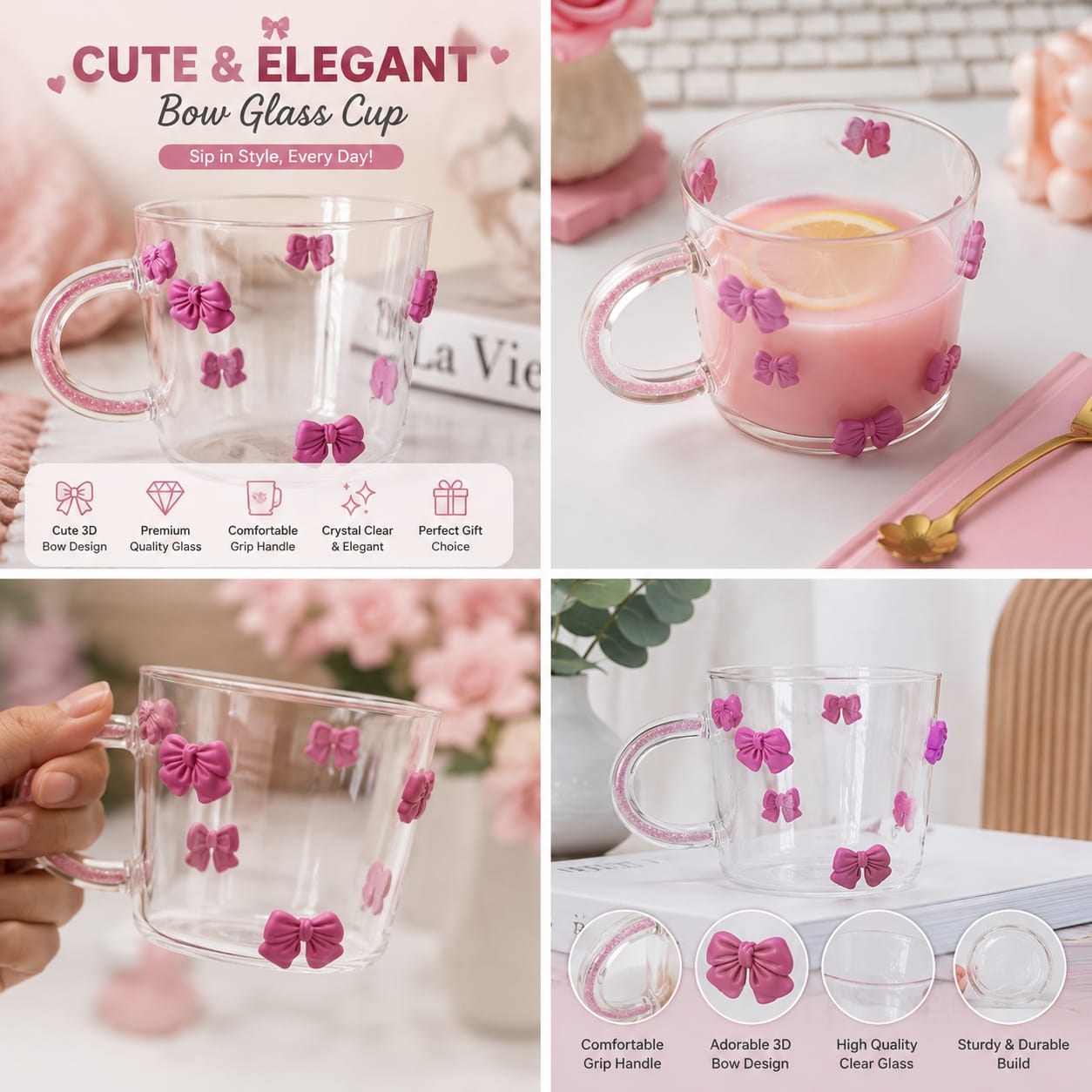 Aesthetic Bow Glass Cup with Straw & Lid - Trendy Iced Coffee Glass
