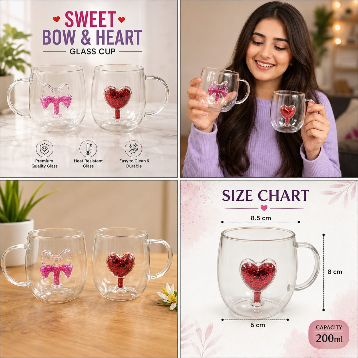 Sweet Glass Cup with Heart & Bow Detail - Aesthetic Clear Coffee Mug
