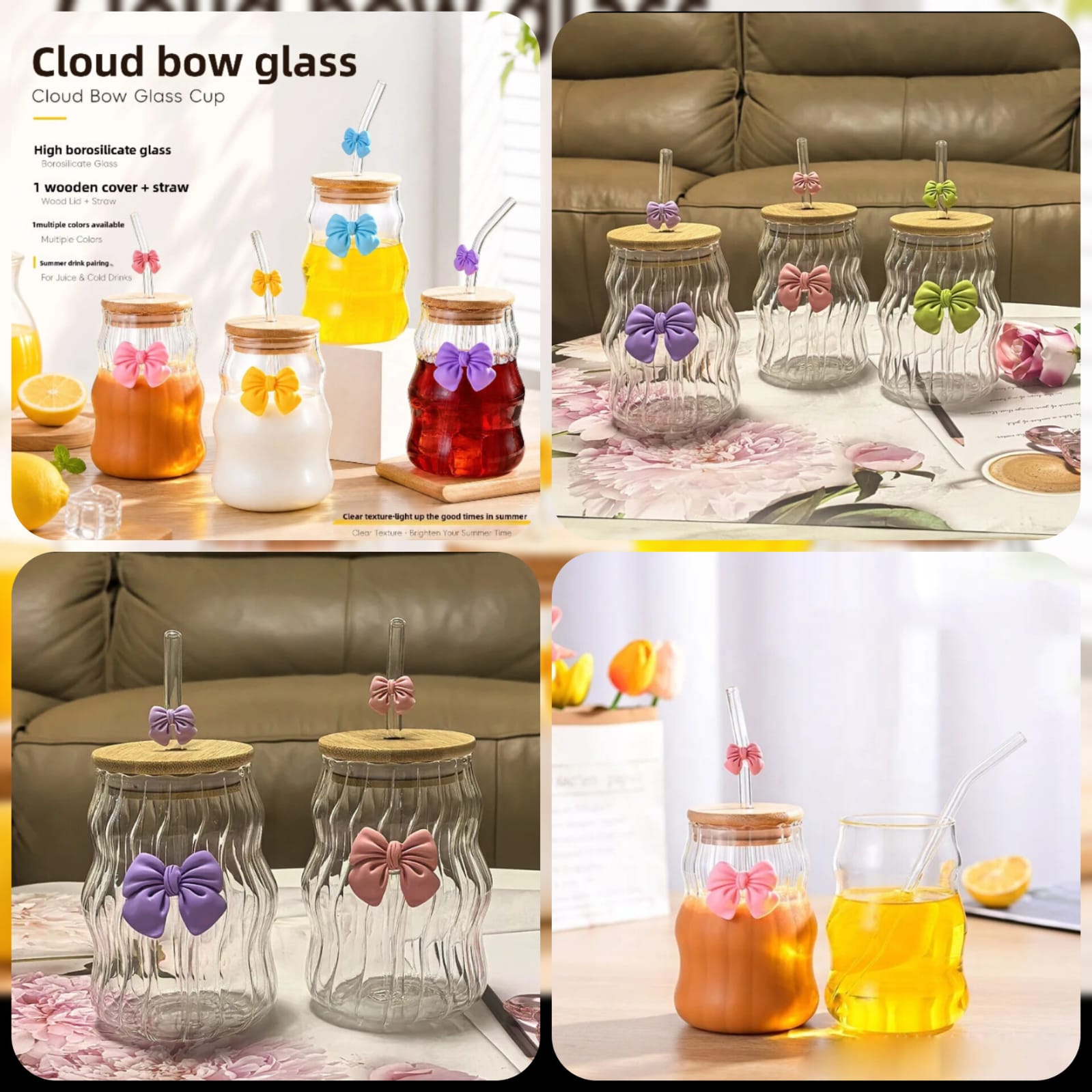 Bow Lining Sipper Glass with Straw & Lid - 450ml Reusable Tumbler for Drinks