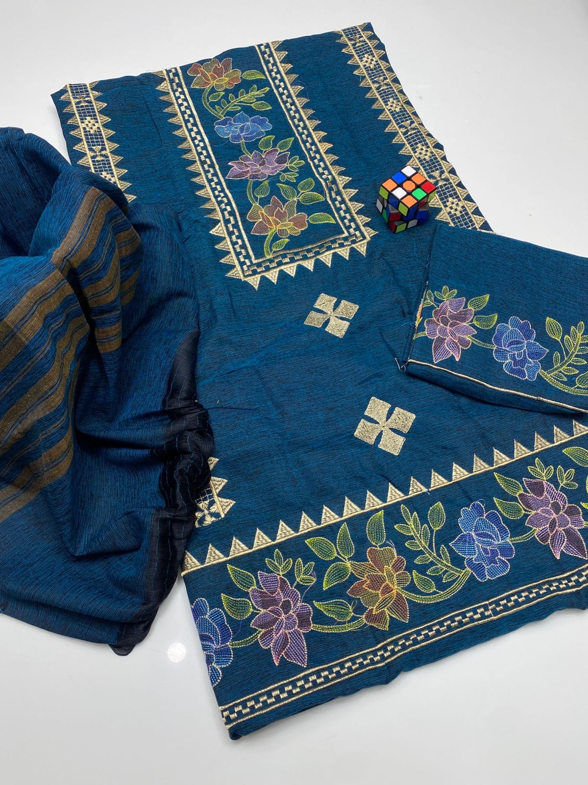ALHAMDULILAH Winter 3Pcs Soft Slub Khadder Dress with Jacquard Banarsi Shawl