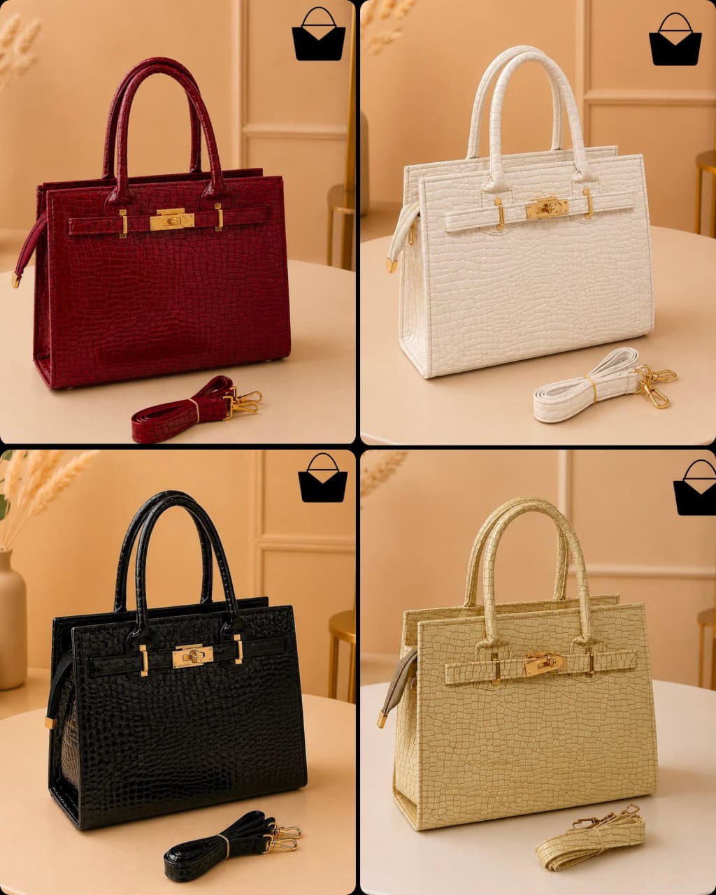 Artificial Crocodile Leather Stylish Handbag with Golden Accessories