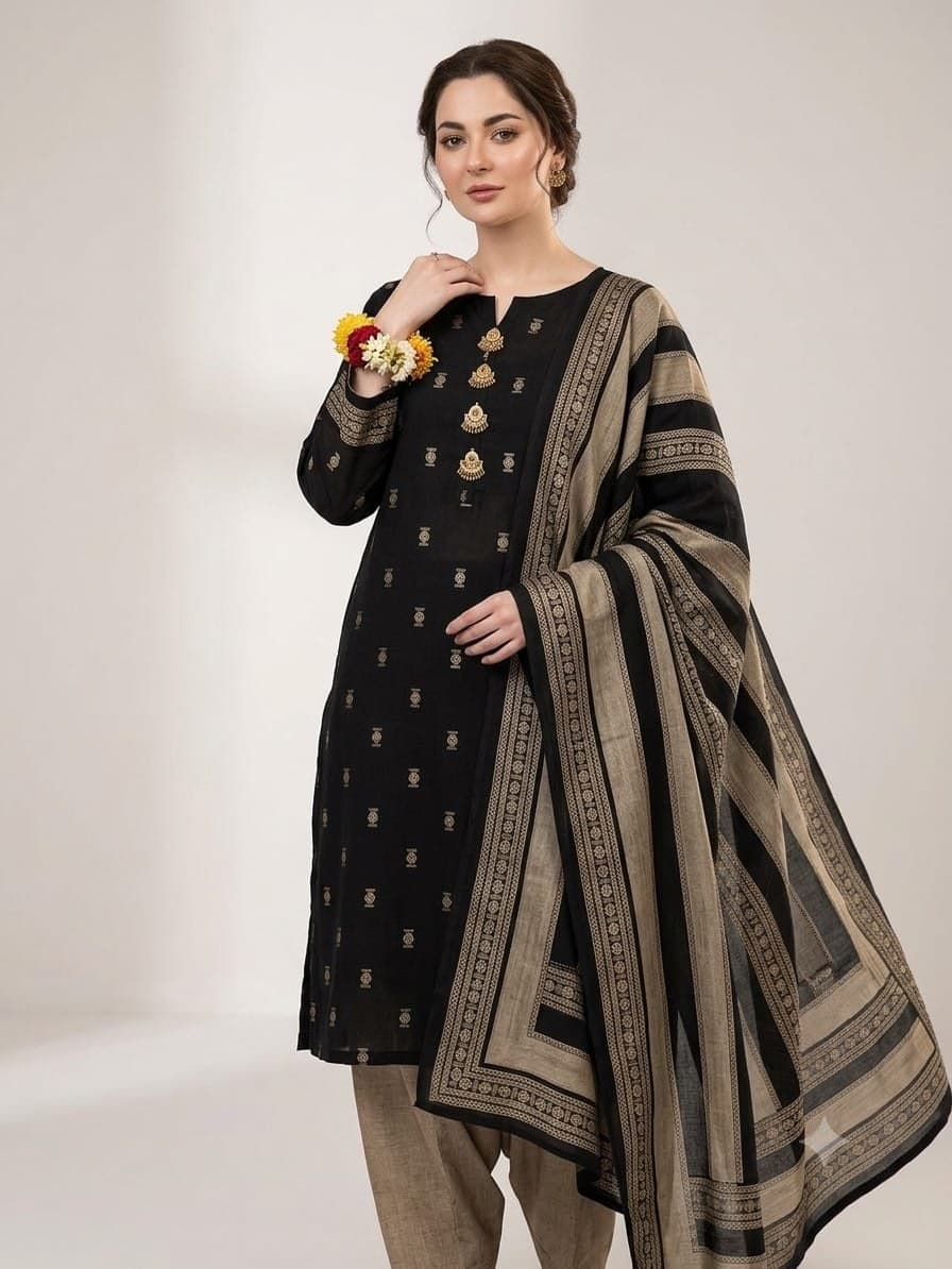 ALHAMDULILAH Bindi Sussi Banarsi 3pc Dress - Winter Collection with Jacquard Marina Shawl premium unstitched Branded
